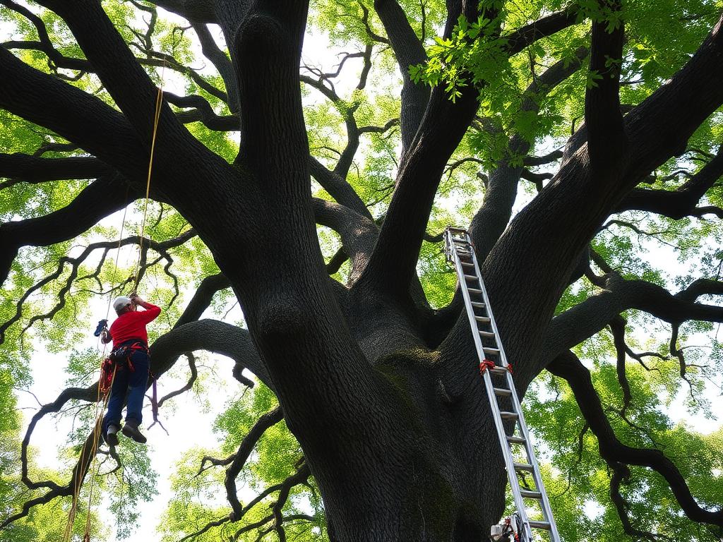 Boomverzorger in klimtuig hoog in de kroon van een oude eik