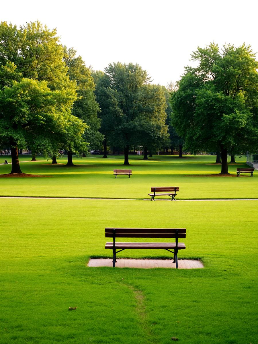Publiek park met brede grasvelden en oude bomen