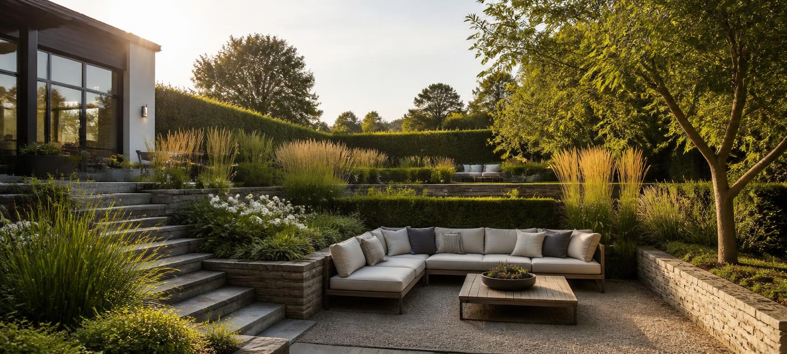 Moderne tuin met natuurstenen terras, loungezetel en siergrassen in avondlicht
