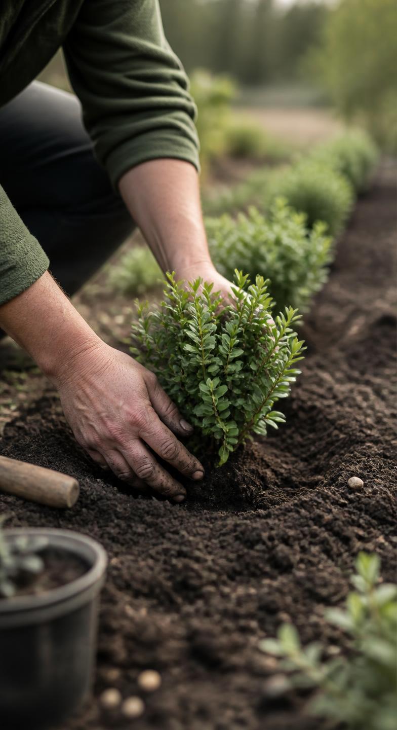 Handen die een jonge struik planten in donkere aarde