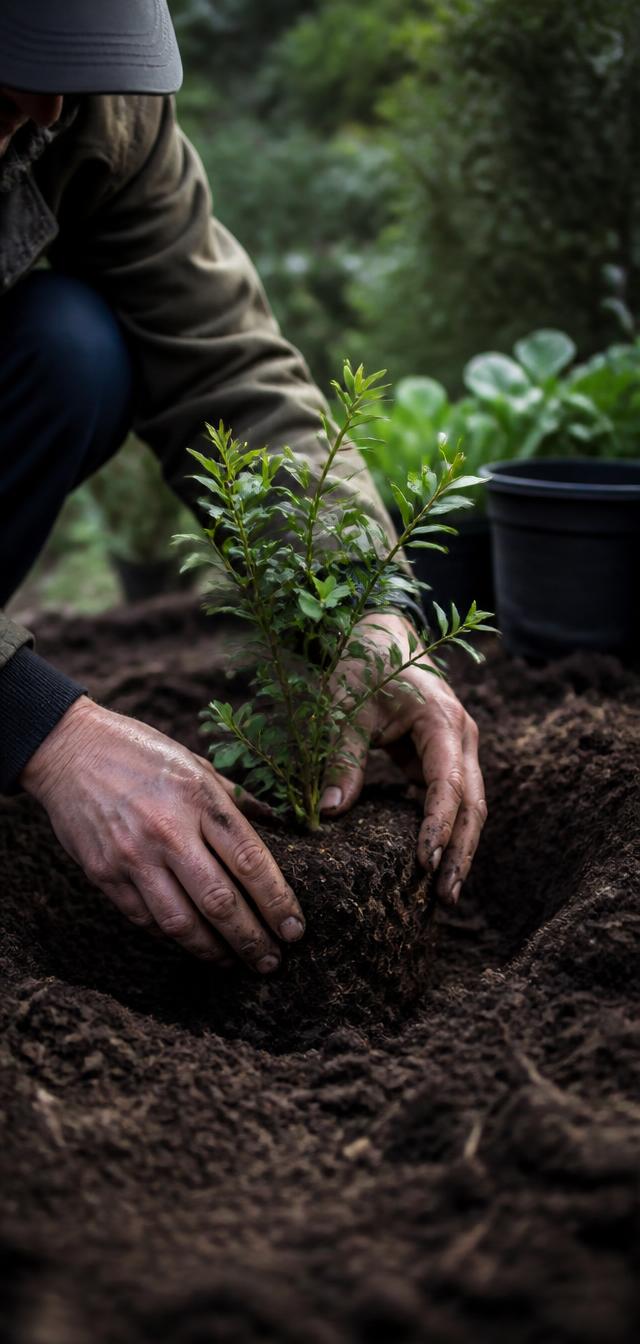 Handen die een jonge struik planten in donkere aarde